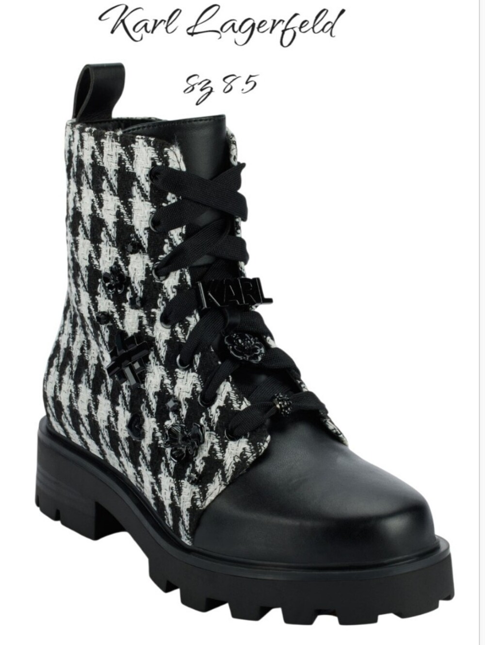 KARL LAGERFELD PARIS Makenzie Tweed Houndstooth Combat Boots Black White 8.5